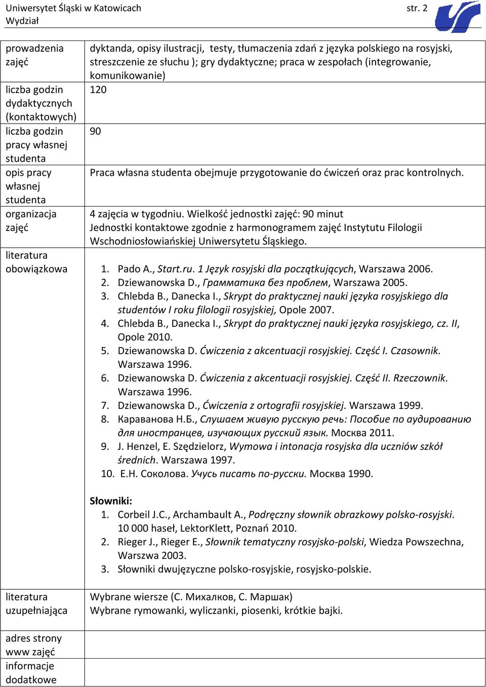 gry dydaktyczne; praca w zespołach (integrowanie, komunikowanie) 120 90 Praca własna obejmuje przygotowanie do ćwiczeń oraz prac kontrolnych. 4 zajęcia w tygodniu.