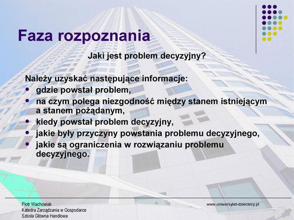 niezgodność między stanem istniejącym a stanem pożądanym, kiedy powstał problem