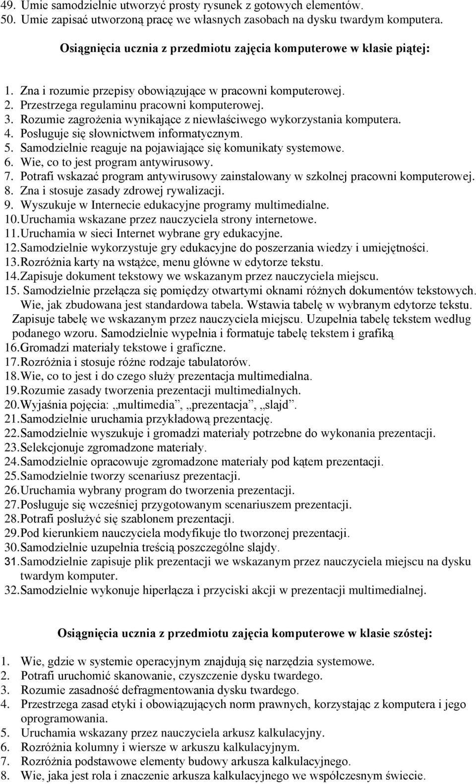 3. Rozumie zagrożenia wynikające z niewłaściwego wykorzystania komputera. 4. Posługuje się słownictwem informatycznym. 5. Samodzielnie reaguje na pojawiające się komunikaty systemowe. 6.