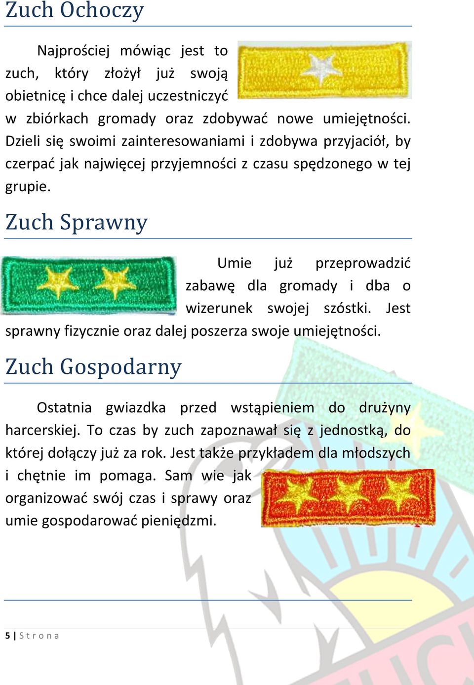 Zuch Sprawny Umie już przeprowadzić zabawę dla gromady i dba o wizerunek swojej szóstki. Jest sprawny fizycznie oraz dalej poszerza swoje umiejętności.