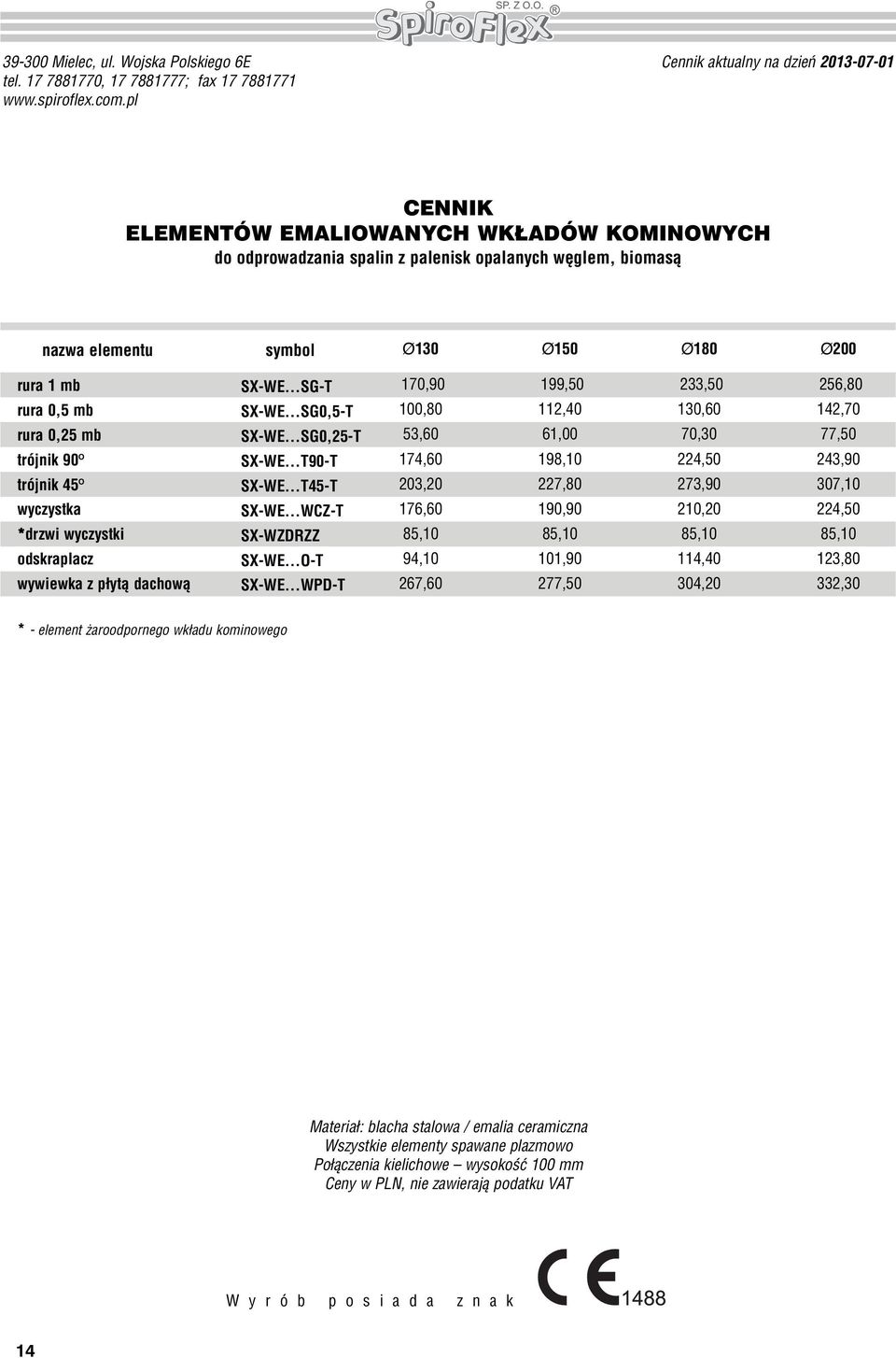 mb rura 0,25 mb trójnik 90 O trójnik 45 O wyczystka *drzwi wyczystki odskraplacz wywiewka z płytą dachową SXWE SGT SXWE SG0,5T SXWE SG0,25T SXWE T90T SXWE T45T SXWE WCZT SXWZDRZZ SXWE OT SXWE WPDT