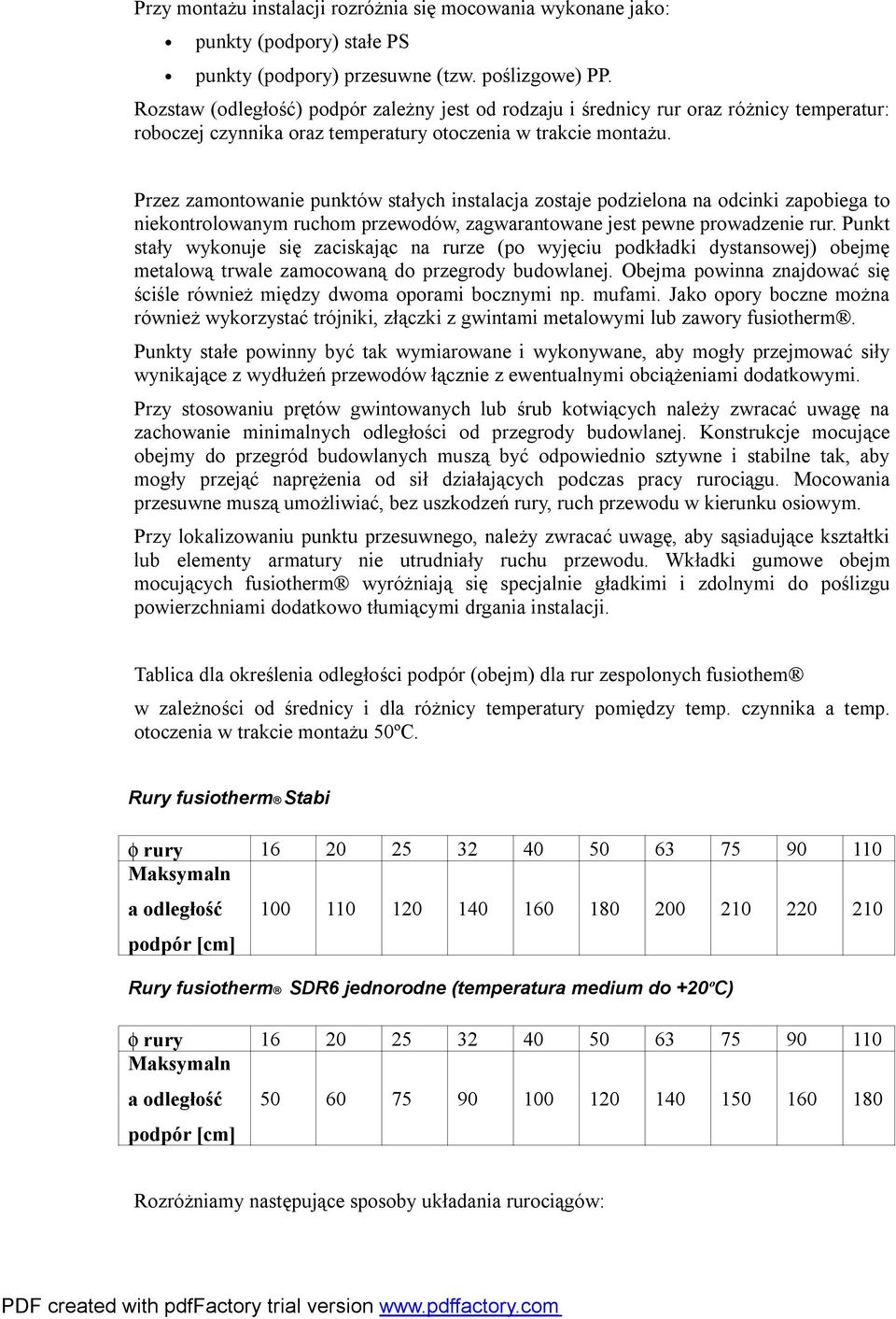 Przez zamontowanie punktów stałych instalacja zostaje podzielona na odcinki zapobiega to niekontrolowanym ruchom przewodów, zagwarantowane jest pewne prowadzenie rur.