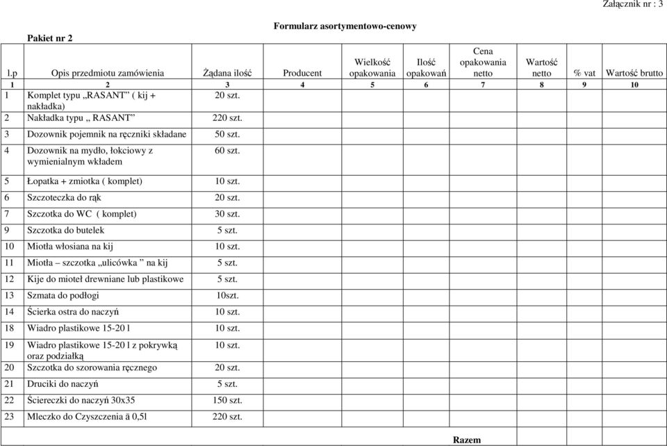 4 Dozownik na mydło, łokciowy z wymienialnym wkładem 60 5 Łopatka + zmiotka ( komplet) 10 6 Szczoteczka do rąk 20 7 Szczotka do WC ( komplet) 30 9 Szczotka do butelek 5 10 Miotła włosiana na