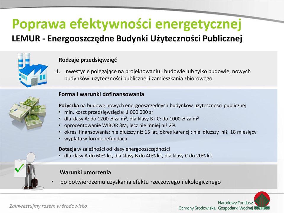 Forma i warunki dofinansowania Pożyczka na budowę nowych energooszczędnych budynków użyteczności publicznej min.