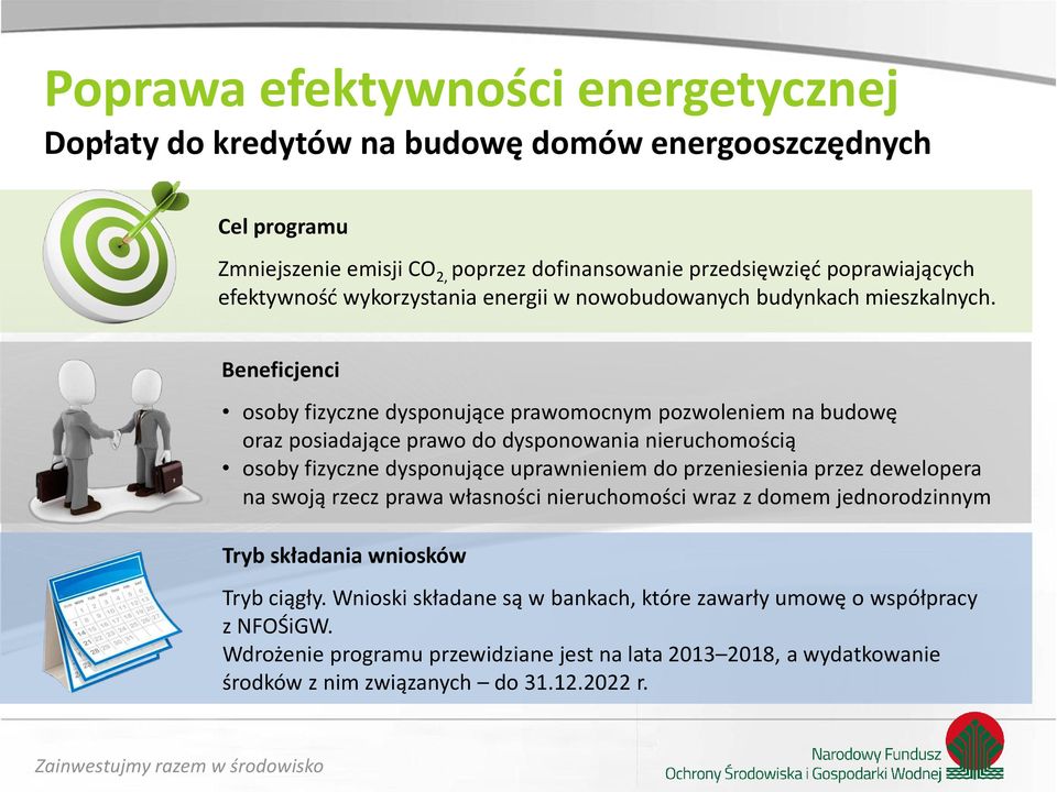 Beneficjenci osoby fizyczne dysponujące prawomocnym pozwoleniem na budowę oraz posiadające prawo do dysponowania nieruchomością osoby fizyczne dysponujące uprawnieniem do przeniesienia