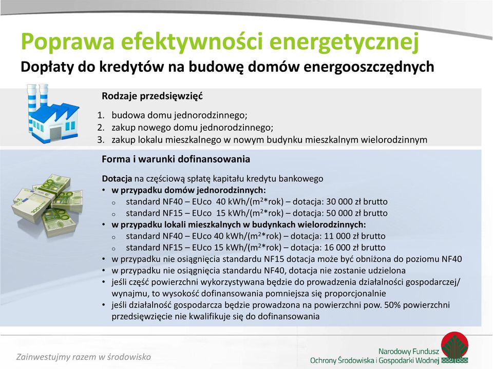 standard NF40 EUco 40 kwh/(m 2 *rok) dotacja: 30 000 zł brutto o standard NF15 EUco 15 kwh/(m 2 *rok) dotacja: 50 000 zł brutto w przypadku lokali mieszkalnych w budynkach wielorodzinnych: o standard