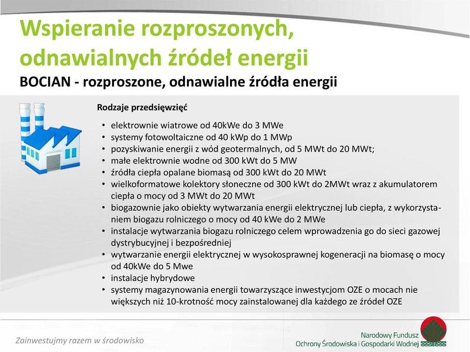 300 kwt do 2MWt wraz z akumulatorem ciepła o mocy od 3 MWt do 20 MWt biogazownie jako obiekty wytwarzania energii elektrycznej lub ciepła, z wykorzystaniem biogazu rolniczego o mocy od 40 kwe do 2