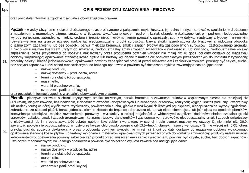 wykańczane cukrem pudrem, kształt okrągły, wykończone cukrem pudrem, niedopuszczalne wyroby zgniecione, zabrudzone, miękisz drobno i średnio nieco nierównomiernie porowaty, sprężysty, suchy w dotyku,