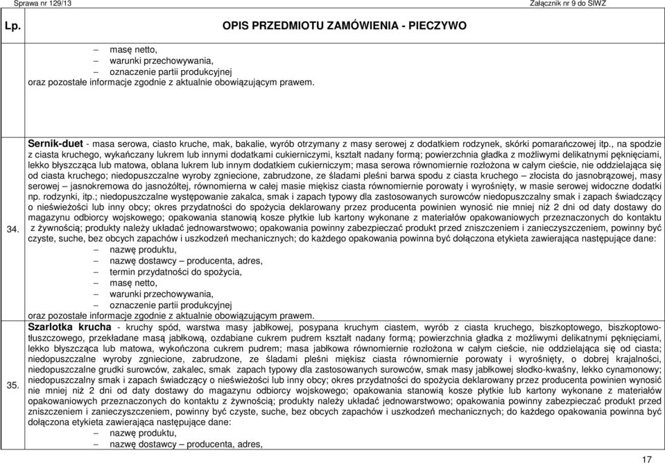 oblana lukrem lub innym dodatkiem cukierniczym; masa serowa równomiernie rozłożona w całym cieście, nie oddzielająca się od ciasta kruchego; niedopuszczalne wyroby zgniecione, zabrudzone, ze śladami