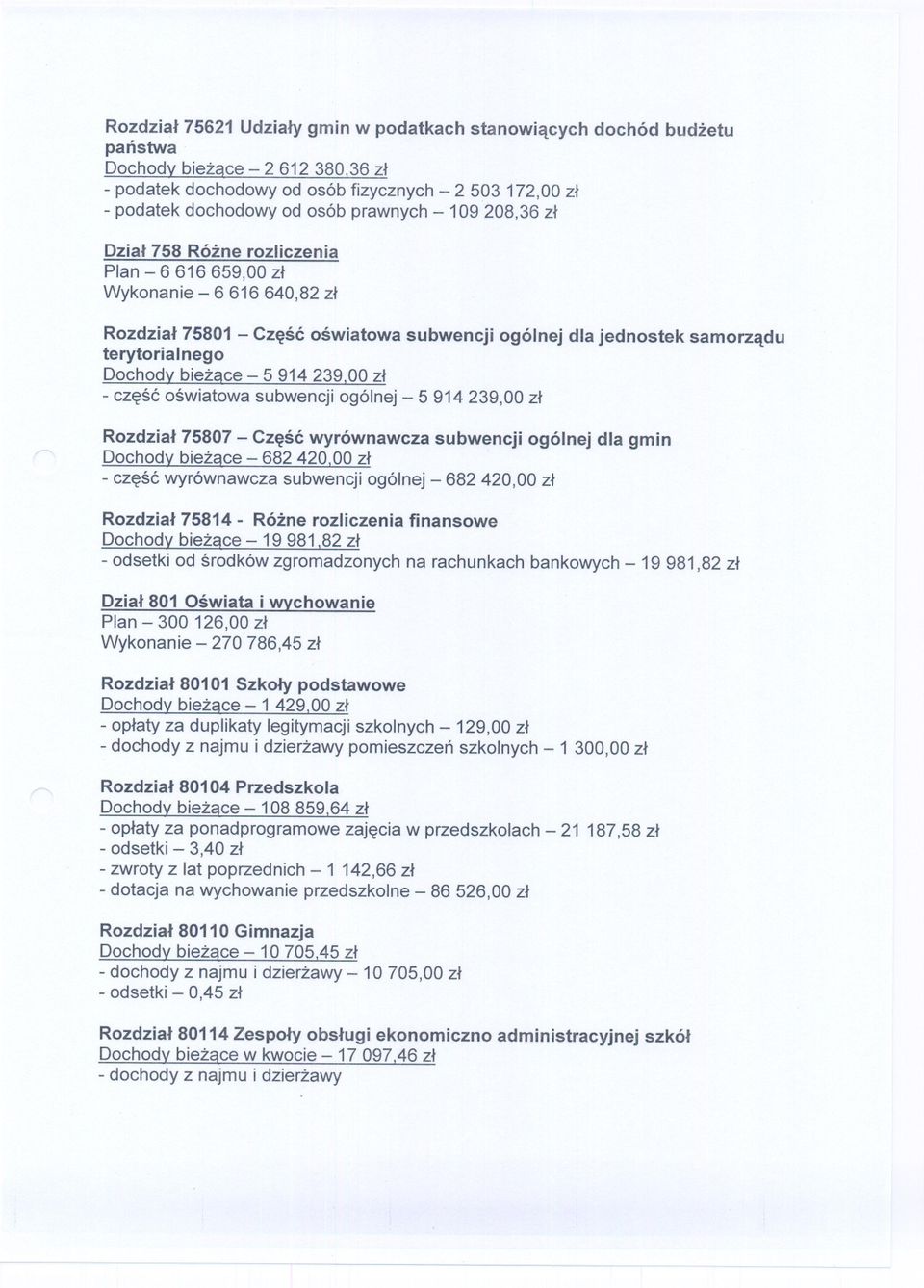 Rozdzial 75801 - Czesc oswiatowa subwencji ogólnej dla jednostek terytorialnego Dochody biezace - 5914239.