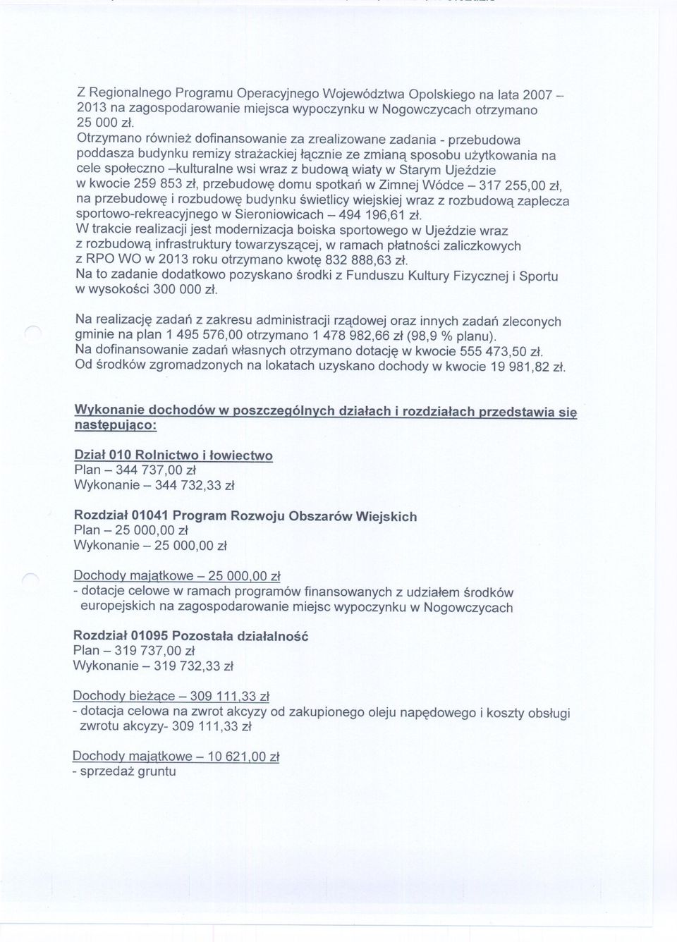 Starym Ujezdzie w kwocie 259853 zl, przebudowe domu spotkan w Zimnej Wódce - 317255,00 zl, na przebudowe i rozbudowe budynku swietlicy wiejskiej wraz z rozbudowa zaplecza sportowo-rekreacyjnego