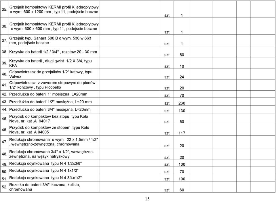 Krzywka do baterii, długi gwint 1/2 X 3/4, typu KFA szt 10 Odpowietrzacz do grzejników 1/2" kątowy, typu 40. Valvex szt 24 41.