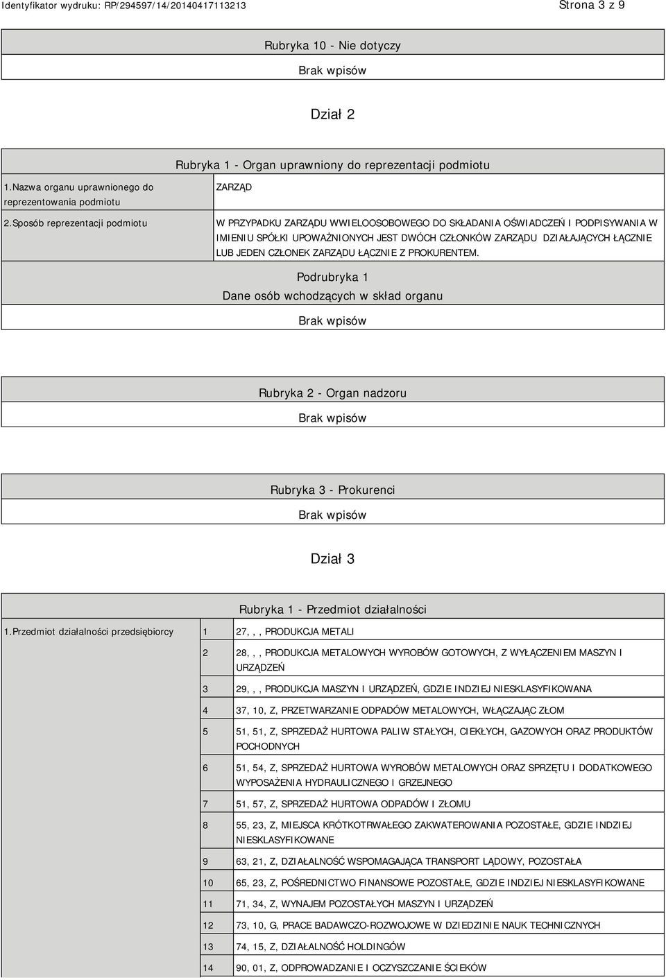 JEDEN CZŁONEK ZARZĄDU ŁĄCZNIE Z PROKURENTEM. Podrubryka 1 Dane osób wchodzących w skład organu Rubryka 2 - Organ nadzoru Rubryka 3 - Prokurenci Dział 3 Rubryka 1 - Przedmiot działalności 1.