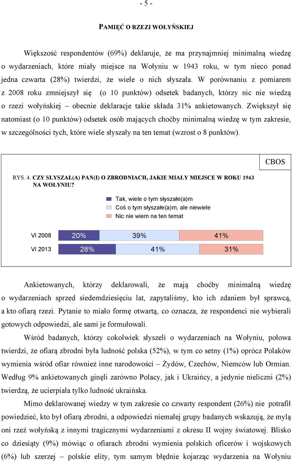W porównaniu z pomiarem z 2008 roku zmniejszył się (o 10 punktów) odsetek badanych, którzy nic nie wiedzą o rzezi wołyńskiej obecnie deklaracje takie składa 31% ankietowanych.
