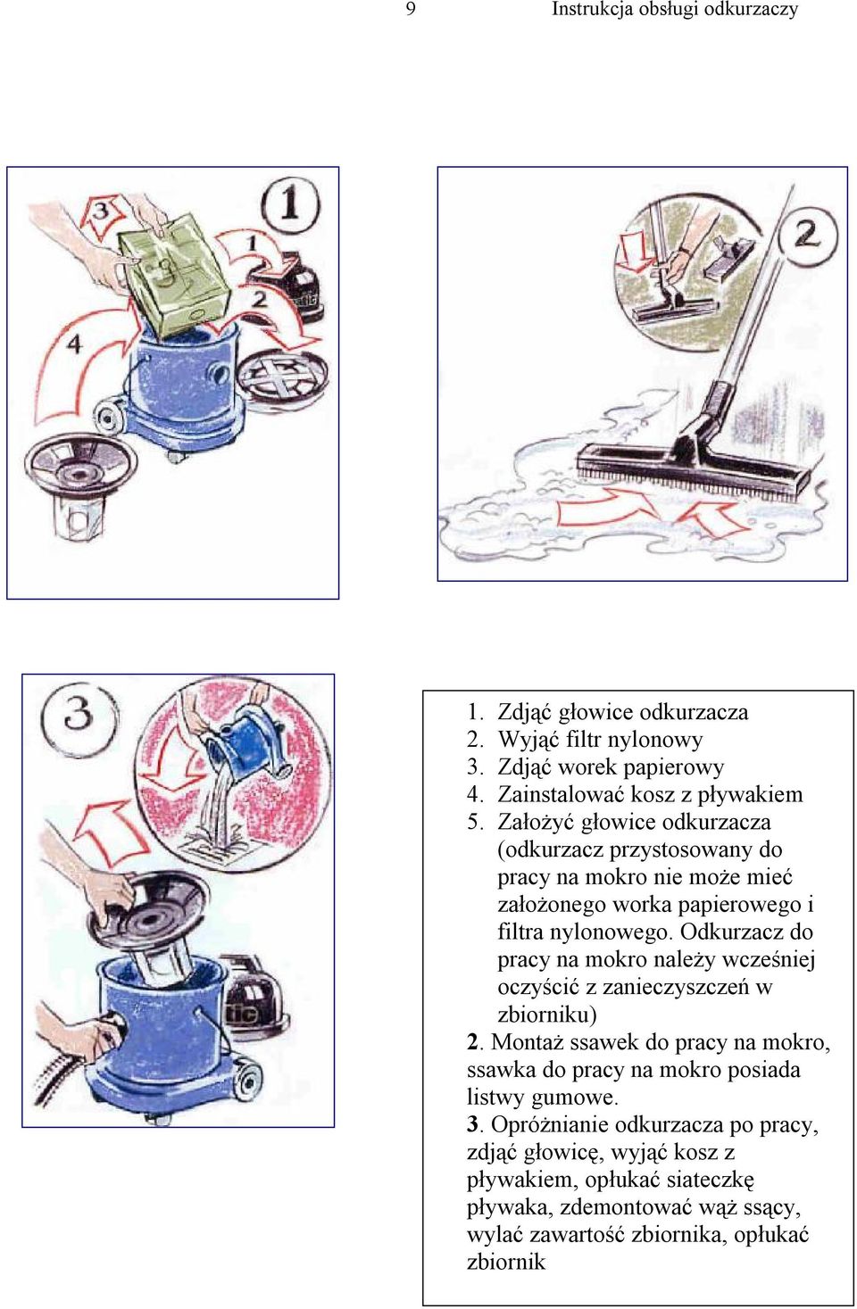 Odkurzacz do pracy na mokro należy wcześniej oczyścić z zanieczyszczeń w zbiorniku) 2.
