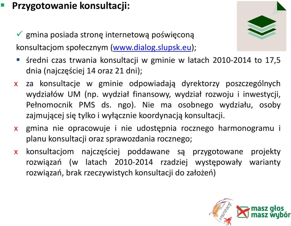 wydział finansowy, wydział rozwoju i inwestycji, Pełnomocnik PMS ds. ngo). Nie ma osobnego wydziału, osoby zajmującej się tylko i wyłącznie koordynacją konsultacji.