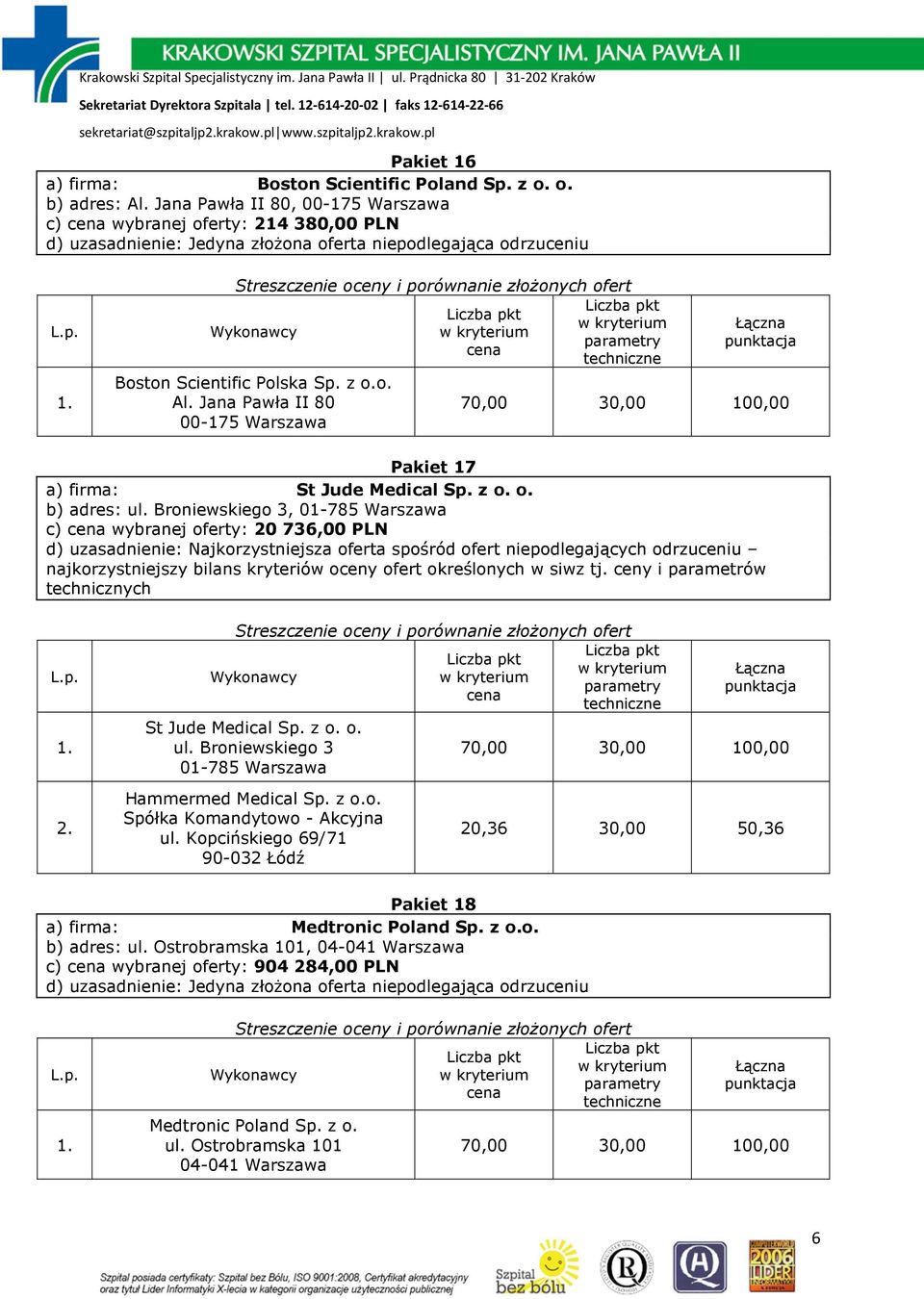 Jana Pawła II 80 00-175 Warszawa Pakiet 17 a) firma: c) wybranej oferty: 20 736,00 PLN Hammermed Medical Sp.