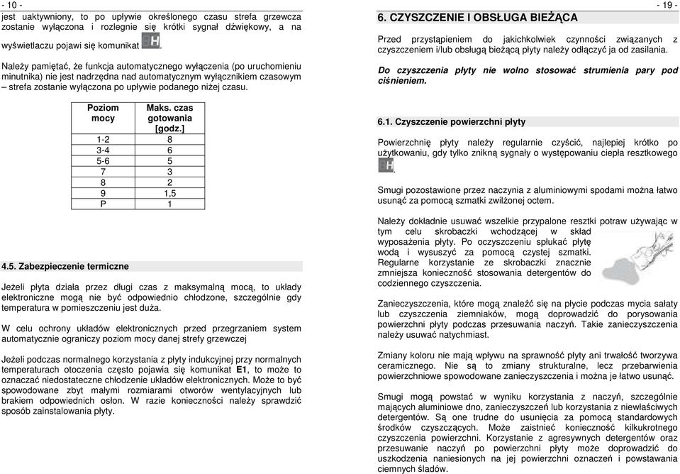 4.5. Zabezpieczenie termiczne Poziom Maks. czas mocy gotowania [godz.