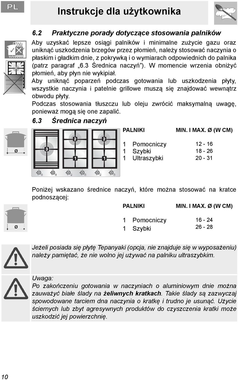 gładkim dnie, z pokrywką i o wymiarach odpowiednich do palnika (patrz paragraf 6.3 Średnica naczyń ). W momencie wrzenia obniżyć płomień, aby płyn nie wykipiał.