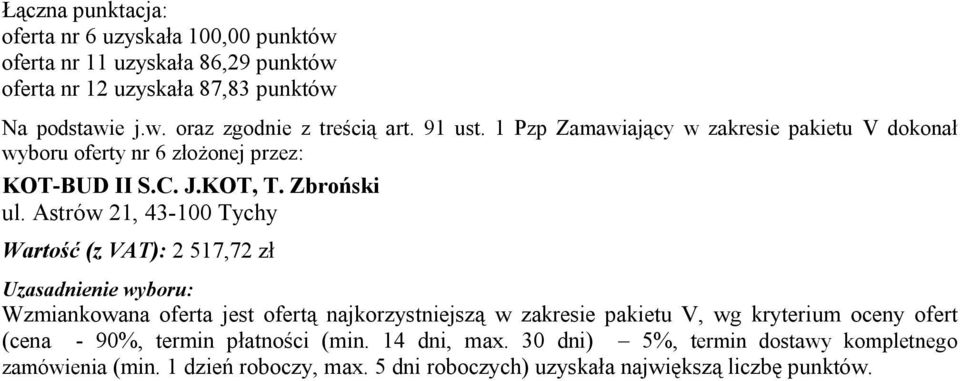 Astrów 21, 43-100 Tychy Wartość (z VAT): 2 517,72 zł Wzmiankowana oferta jest ofertą najkorzystniejszą w zakresie pakietu V, wg kryterium oceny ofert (cena -