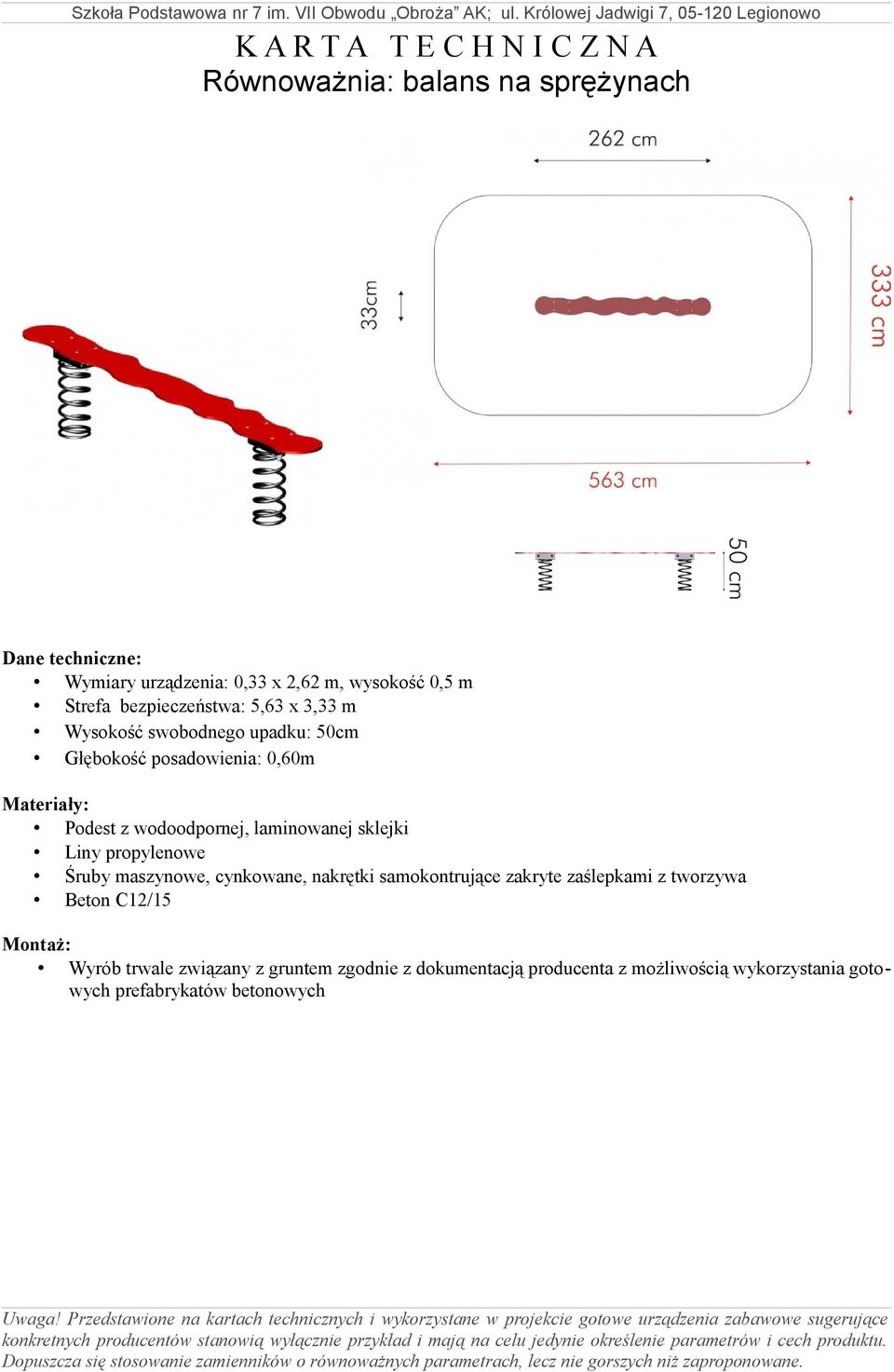 Wysokość swobodnego upadku: 50cm Głębokość posadowienia: