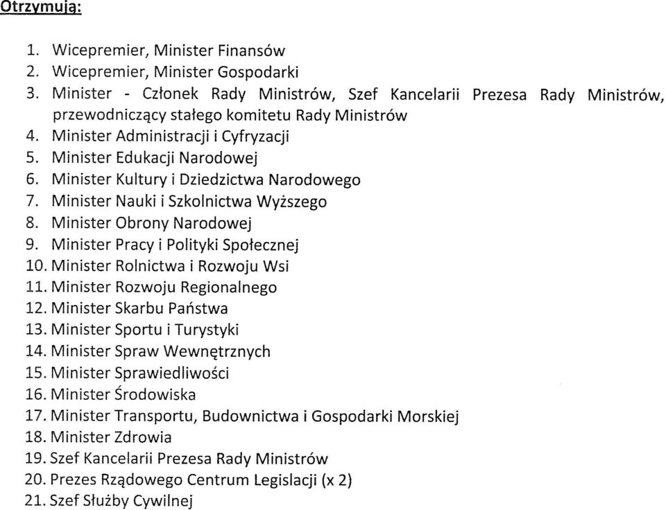 Minister Kultury i Dziedzictwa Narodowego 7. Minister Nauki i Szkolnictwa Wyższego 8. Minister Obrony Narodowej 9. Minister Pracy i Polityki Społecznej 10. Minister Rolnictwa i Rozwoju Wsi 11.