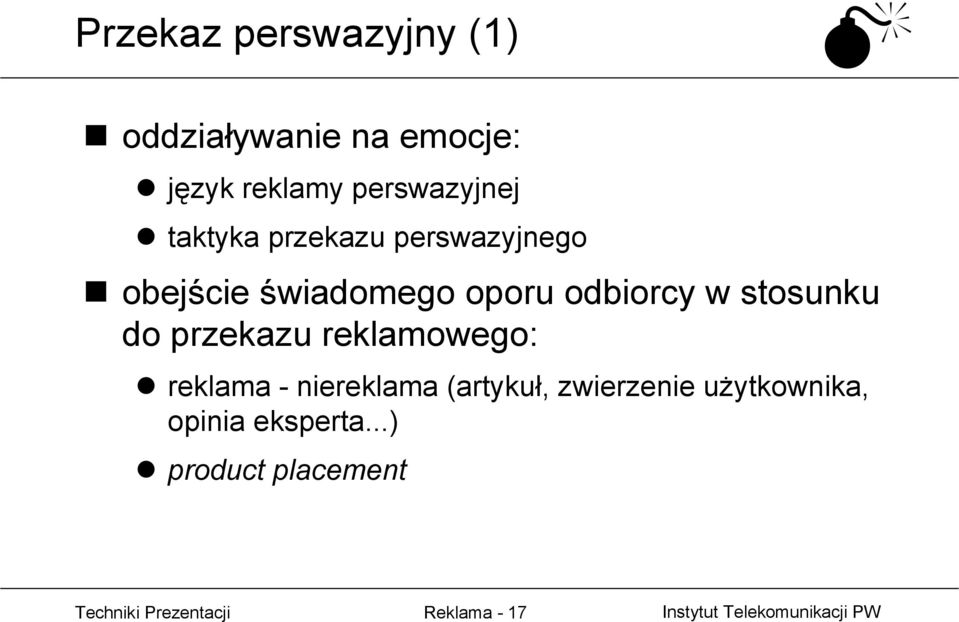przekazu reklamowego: reklama - niereklama (artykuł, zwierzenie użytkownika,