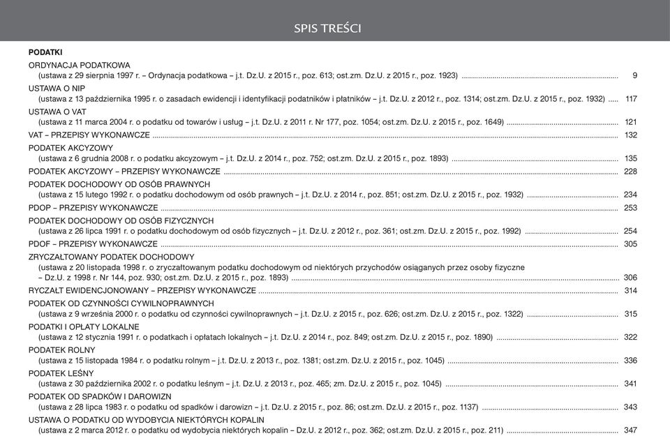 .. 117 USTAWA O VAT (ustawa z 11 marca 2004 r. o podatku od towarów i usług j.t. Dz.U. z 2011 r. Nr 177, poz. 1054; ost.zm. Dz.U. z 2015 r., poz. 1649)... 121 VAT PRZEPISY WYKONAWCZE.