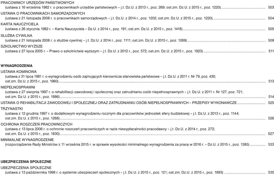 .. 504 KARTA NAUCZYCIELA (ustawa z 26 stycznia 1982 r. Karta Nauczyciela Dz.U. z 2014 r., poz. 191; ost.zm. Dz.U. z 2015 r., poz. 1418)... 505 służba cywilna (ustawa z 21 listopada 2008 r.