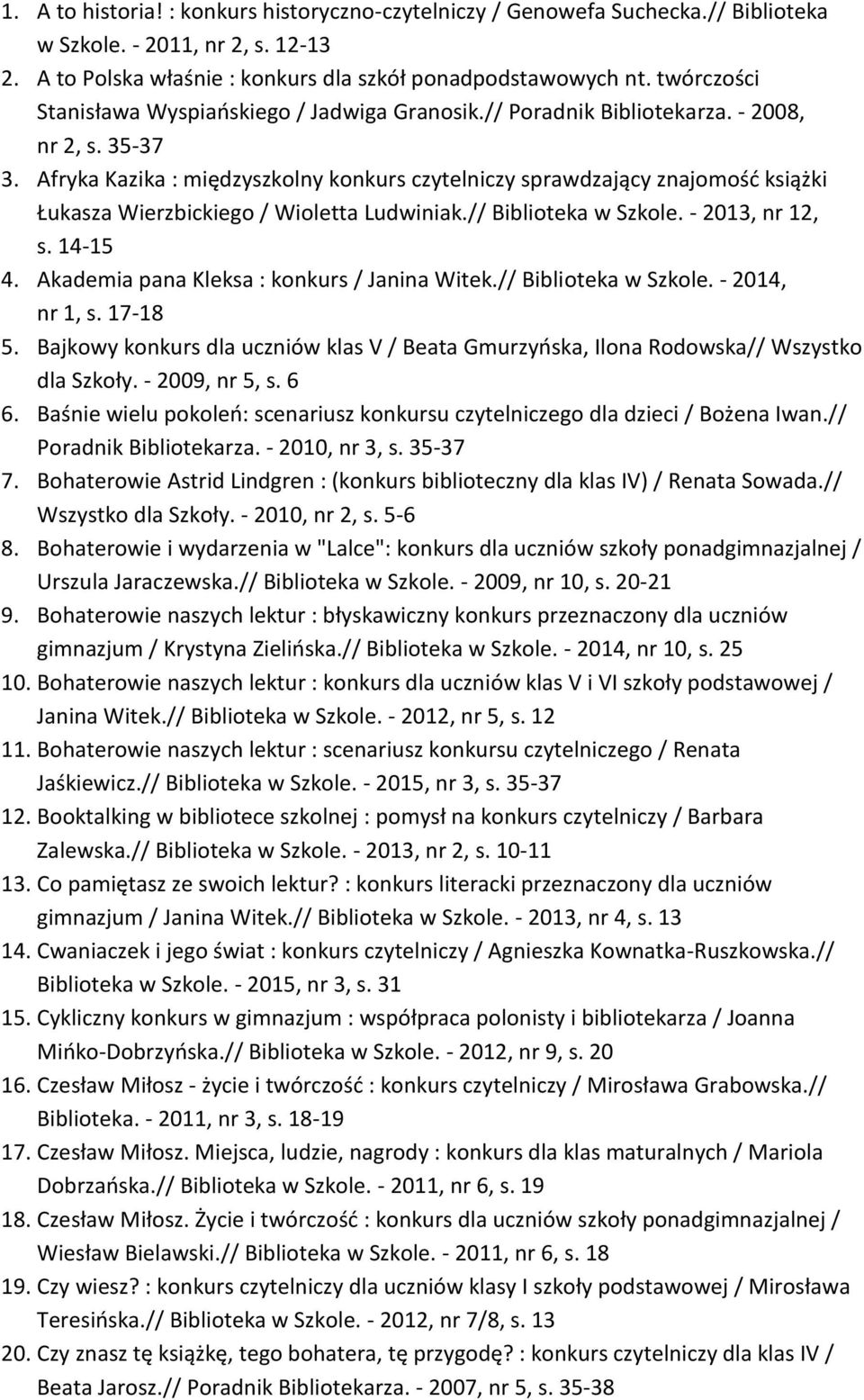 Afryka Kazika : międzyszkolny konkurs czytelniczy sprawdzający znajomośd książki Łukasza Wierzbickiego / Wioletta Ludwiniak.// Biblioteka w Szkole. - 2013, nr 12, s. 14-15 4.