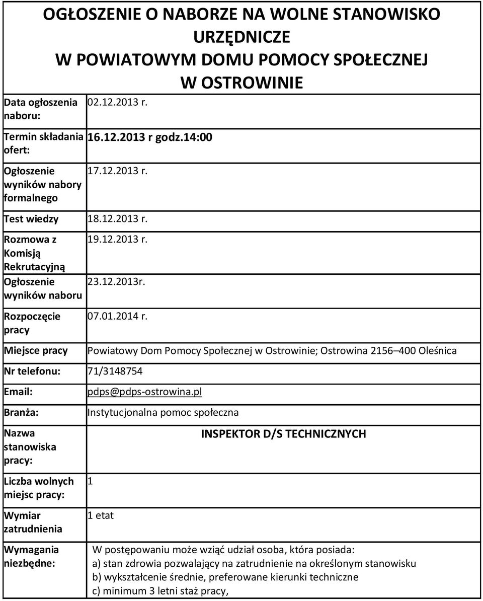 Nr telefonu: 71/3148754 Email: Branża: Nazwa stanowiska pracy: Liczba wolnych miejsc pracy: Wymiar zatrudnienia Wymagania niezbędne: Powiatowy Dom Pomocy Społecznej w Ostrowinie; Ostrowina 2156 400