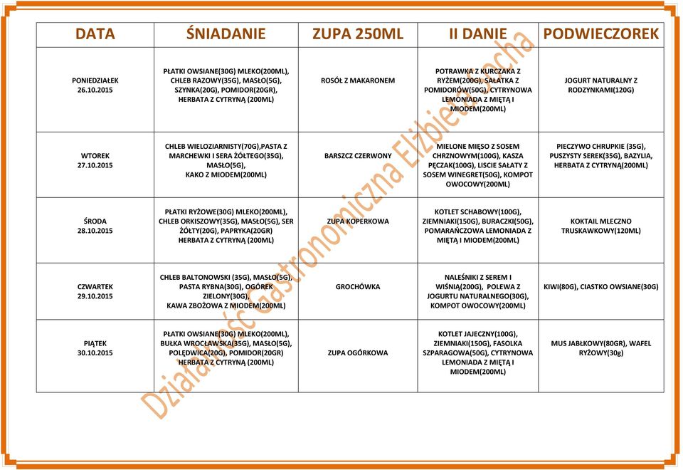 2015 CHLEB WIELOZIARNISTY(70G),PASTA Z MARCHEWKI I SERA ŻÓŁTEGO(35G), MASŁO(5G), KAKO Z BARSZCZ CZERWONY MIELONE MIĘSO Z SOSEM CHRZNOWYM(100G), KASZA PĘCZAK(100G), LISCIE SAŁATY Z SOSEM