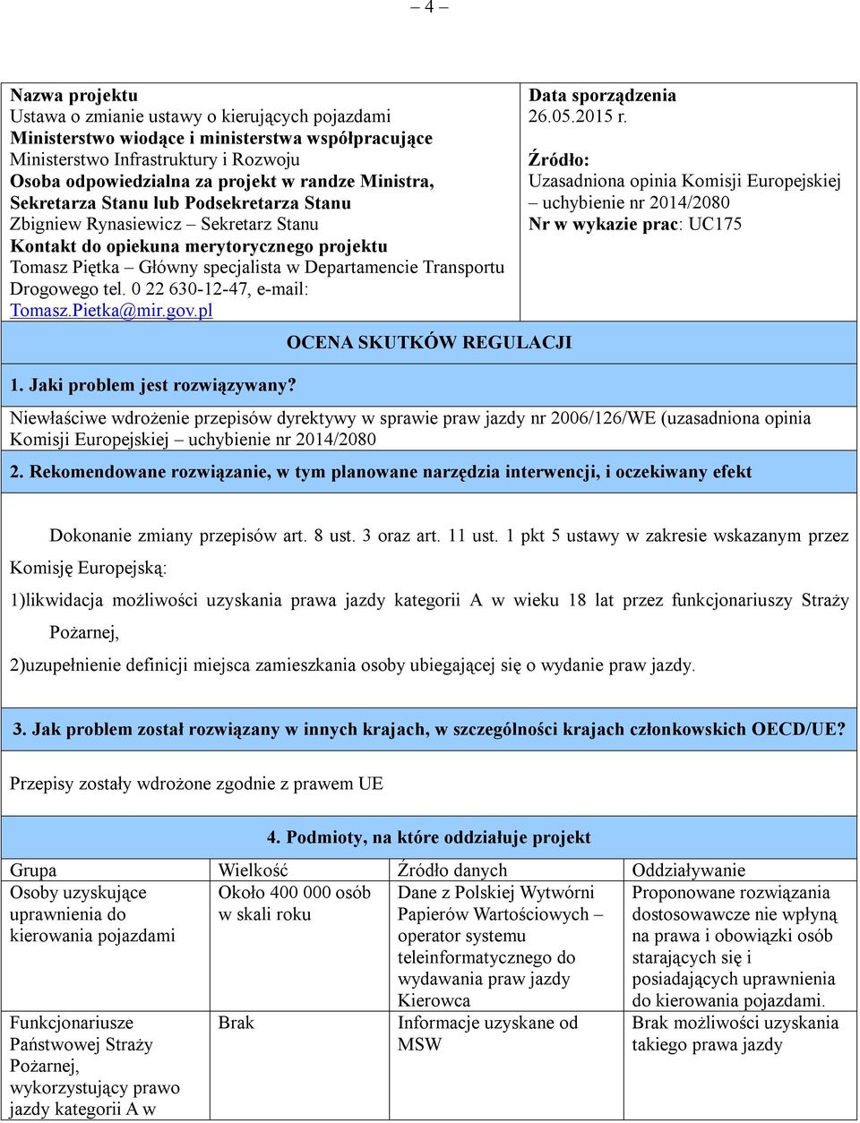 Drogowego tel. 0 22 630-12-47, e-mail: Tomasz.Pietka@mir.gov.pl 1. Jaki problem jest rozwiązywany? OCENA SKUTKÓW REGULACJI Data sporządzenia 26.05.2015 r.