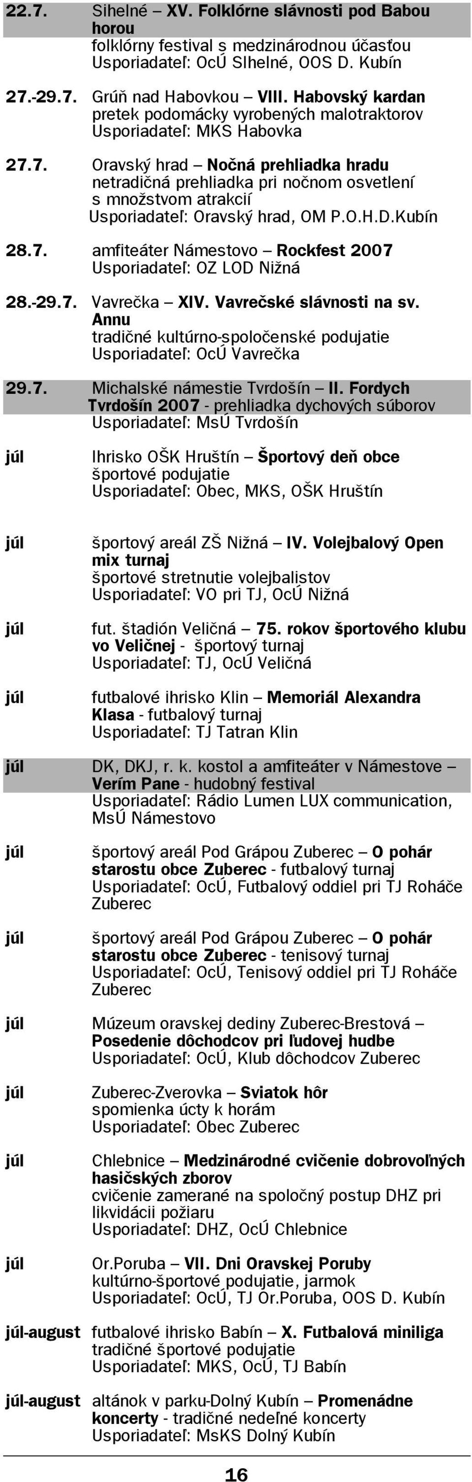 7. Oravský hrad Nočná prehliadka hradu netradičná prehliadka pri nočnom osvetlení s množstvom atrakcií Usporiadateľ: Oravský hrad, OM P.O.H.D.Kubín 28.7. amfiteáter Námestovo Rockfest 2007 Usporiadateľ: OZ LOD Nižná 28.