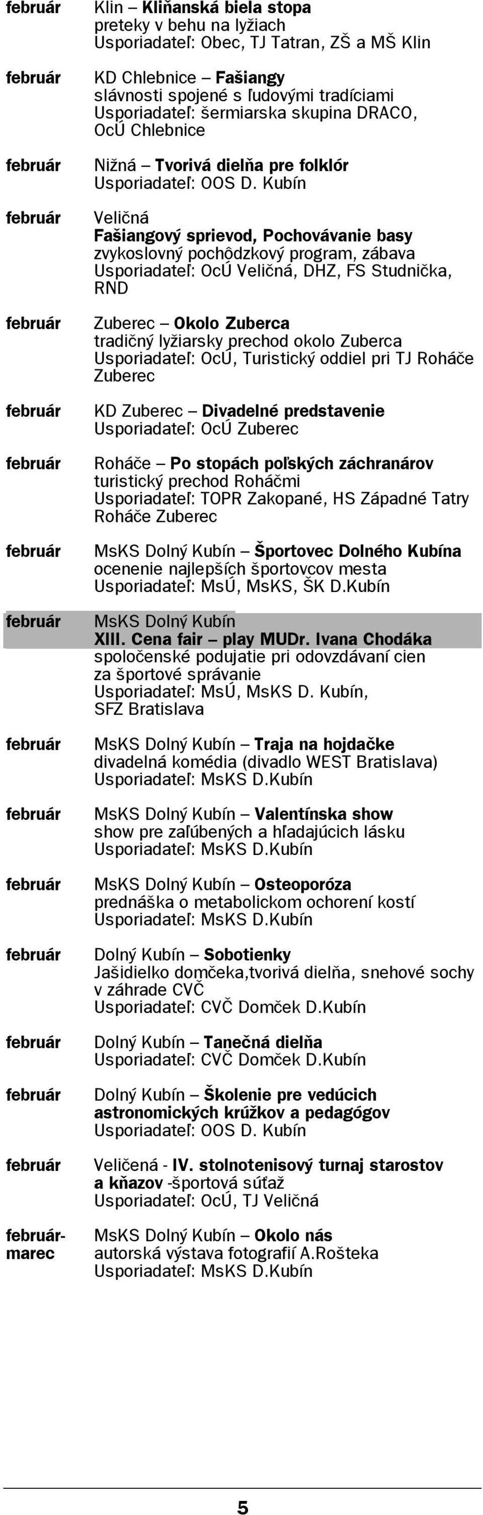 Zuberca tradičný lyžiarsky prechod okolo Zuberca Usporiadateľ: OcÚ, Turistický oddiel pri TJ Roháče Zuberec KD Zuberec Divadelné predstavenie Usporiadateľ: OcÚ Zuberec Roháče Po stopách poľských