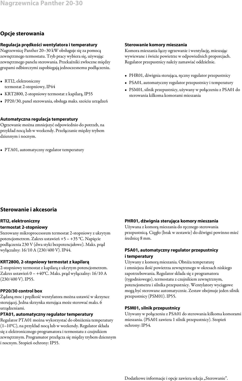 RTI2, elektroniczny termostat 2-stopniowy, IP44 KRT2800, 2-stopniowy termostat z kapilarą, IP55 PP20/30, panel sterowania, obsługa maks.