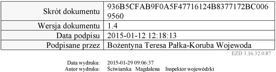 4 Data podpisu 2015-01-12 12:18:13 Podpisane przez Bożentyna Teresa