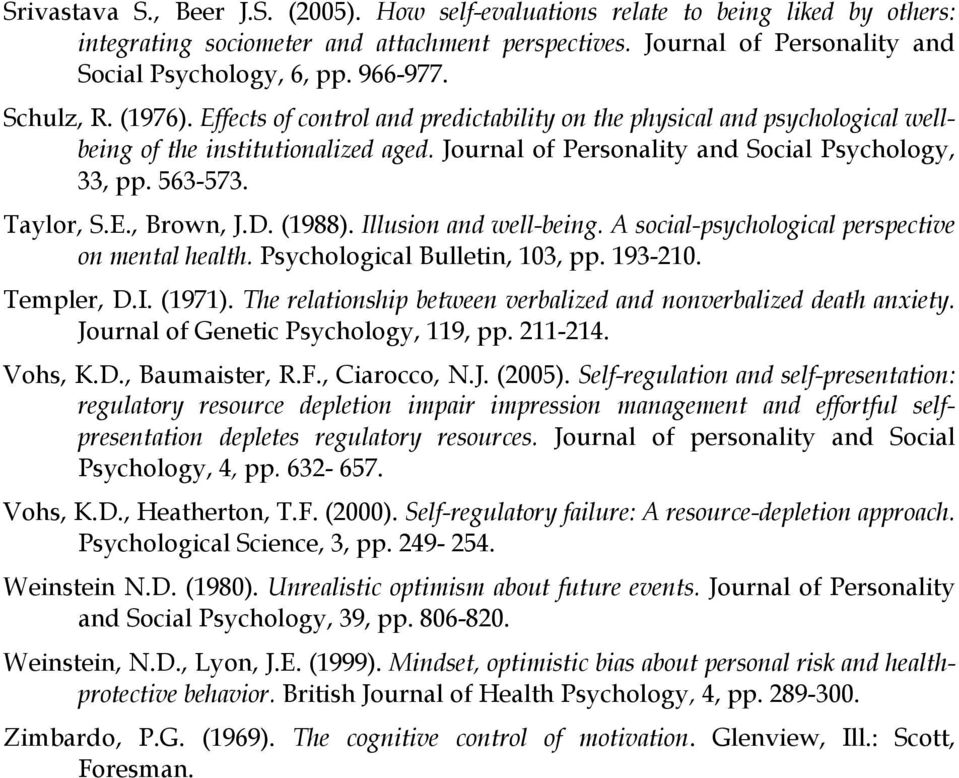 Taylor, S.E., Brown, J.D. (1988). Illusion and well-being. A social-psychological perspective on mental health. Psychological Bulletin, 103, pp. 193-210. Templer, D.I. (1971).