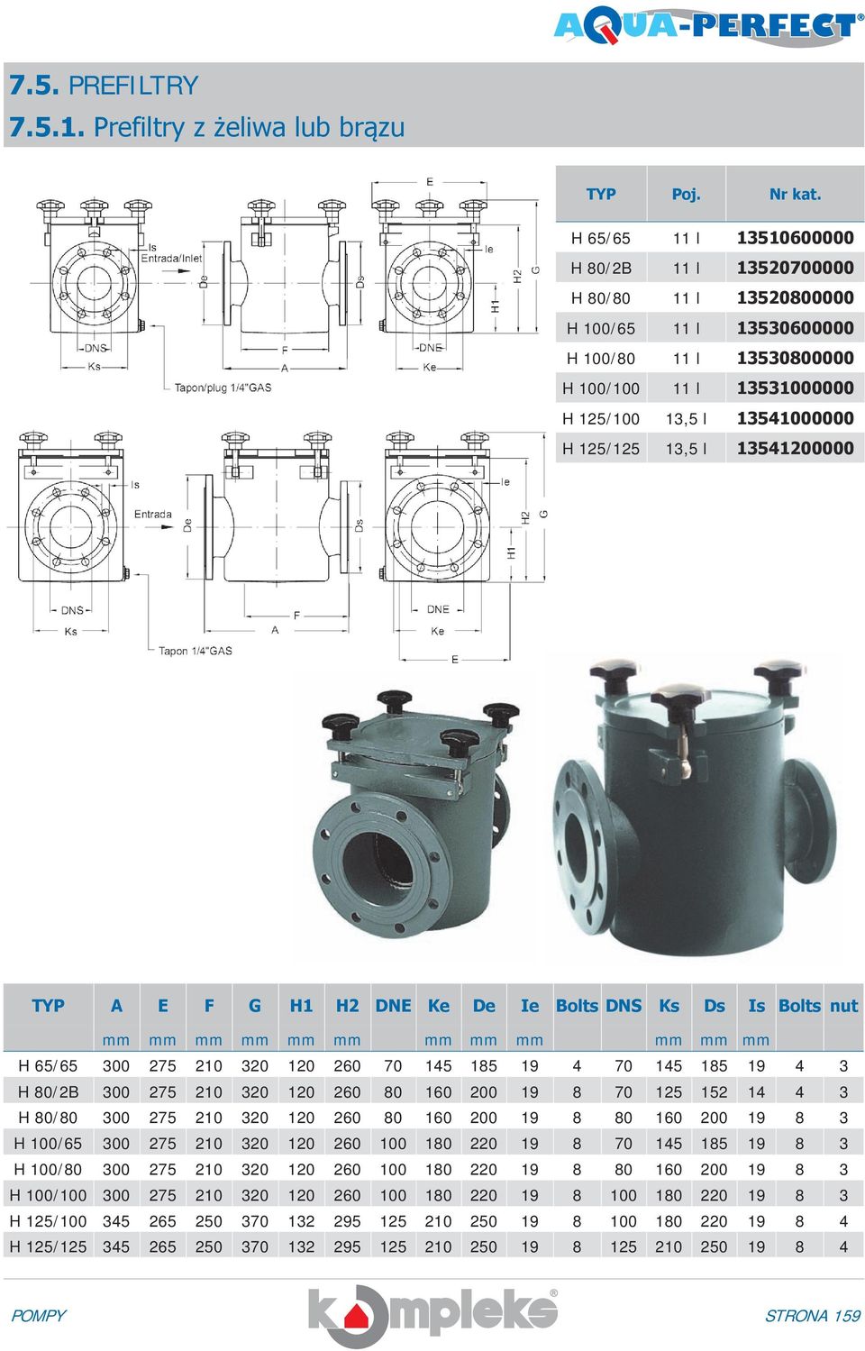 13541200000 TYP A E F G H1 H2 DNE Ke De Ie Bolts DNS Ks Ds Is Bolts nut mm mm mm mm mm mm mm mm mm mm mm mm H 65/65 300 275 210 320 120 260 70 145 185 19 4 70 145 185 19 4 3 H 80/2B 300 275 210 320