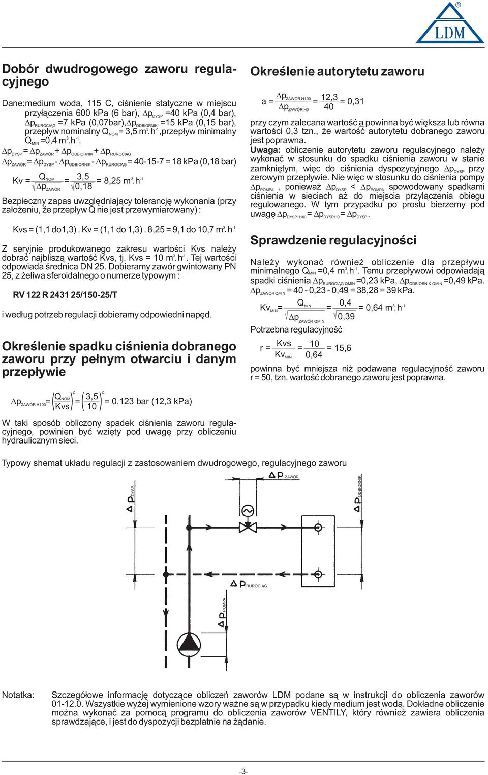 h -1 p 0,18 ZAWÓR Bezpieczny zapas uwzglêdniaj¹cy tlerancjê wyknania (przy za³ eniu, e przep³yw Q nie jest przewymiarwany) : Kvs = (1,1 d1,). Kv = (1,1 d 1,). 8,25 = 9,1 d 10,7 m.