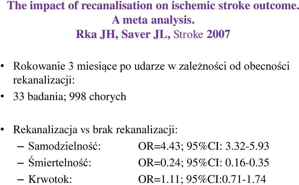 rekanalizacji: 33 badania; 998 chorych Rekanalizacja vs brak rekanalizacji: