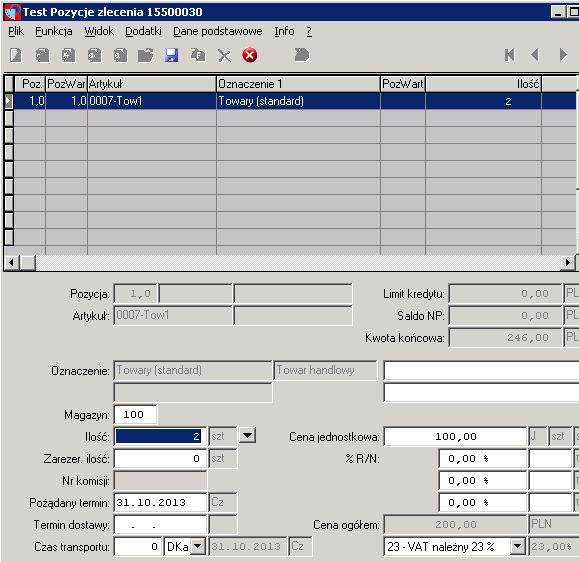 5 3 Procesy (transakcje) 3.1 Zlecenie (zamówienie) klienta Utwórz Zlecenie dla klienta 100071 na 2 szt. artykułu 0007-Tow1 z terminem za trzy tygodnie.