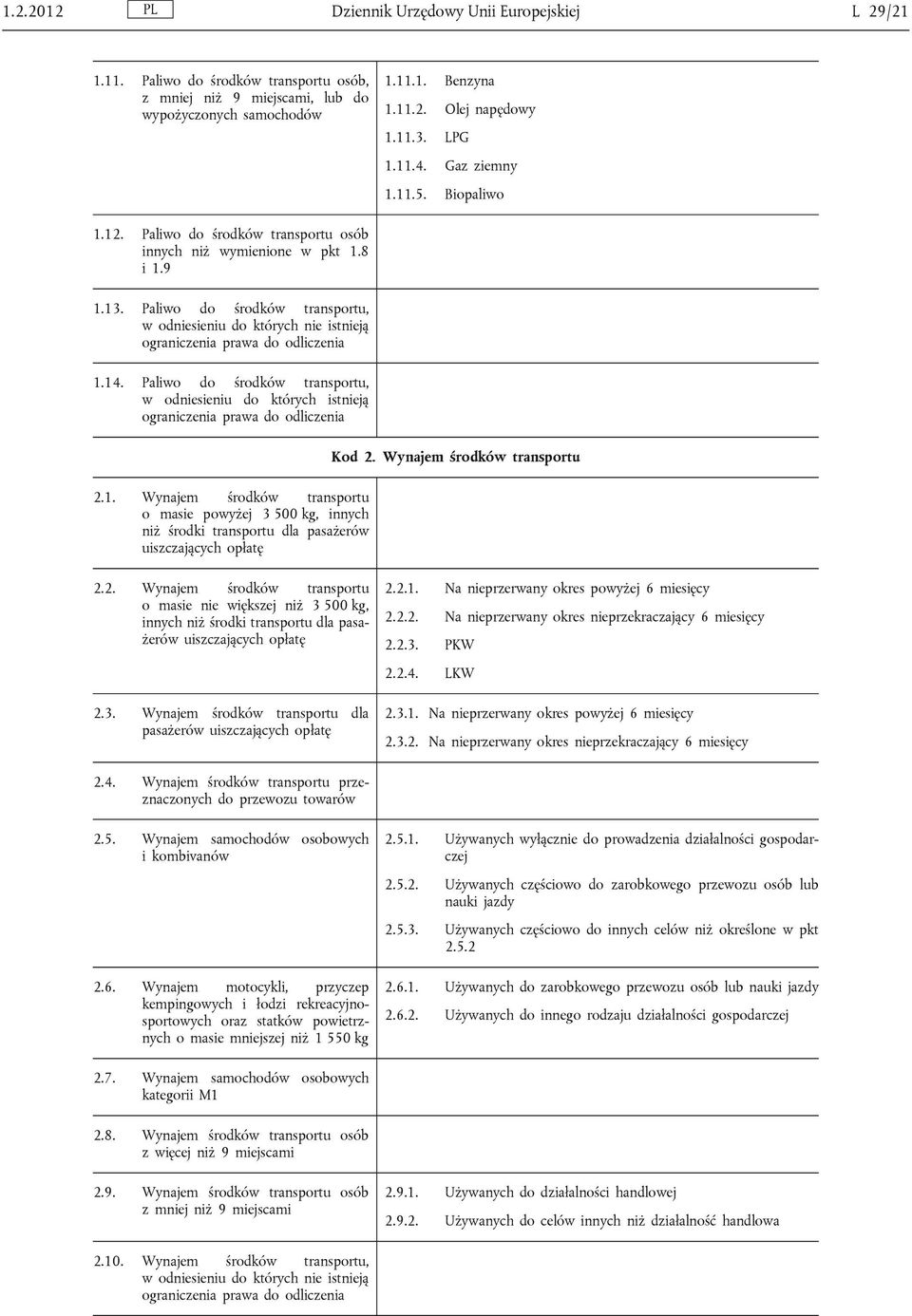 Paliwo do środków transportu, w odniesieniu do których nie istnieją ograniczenia prawa do odliczenia 1.14.
