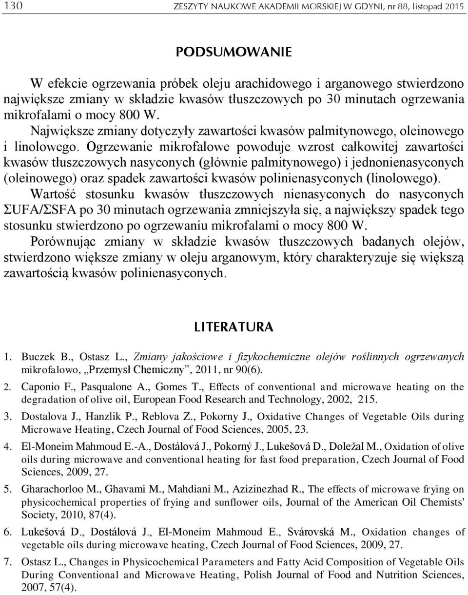 Ogrzewanie mikrofalowe powoduje wzrost całkowitej zawartości kwasów tłuszczowych nasyconych (głównie palmitynowego) i jednonienasyconych (oleinowego) oraz spadek zawartości kwasów polinienasyconych