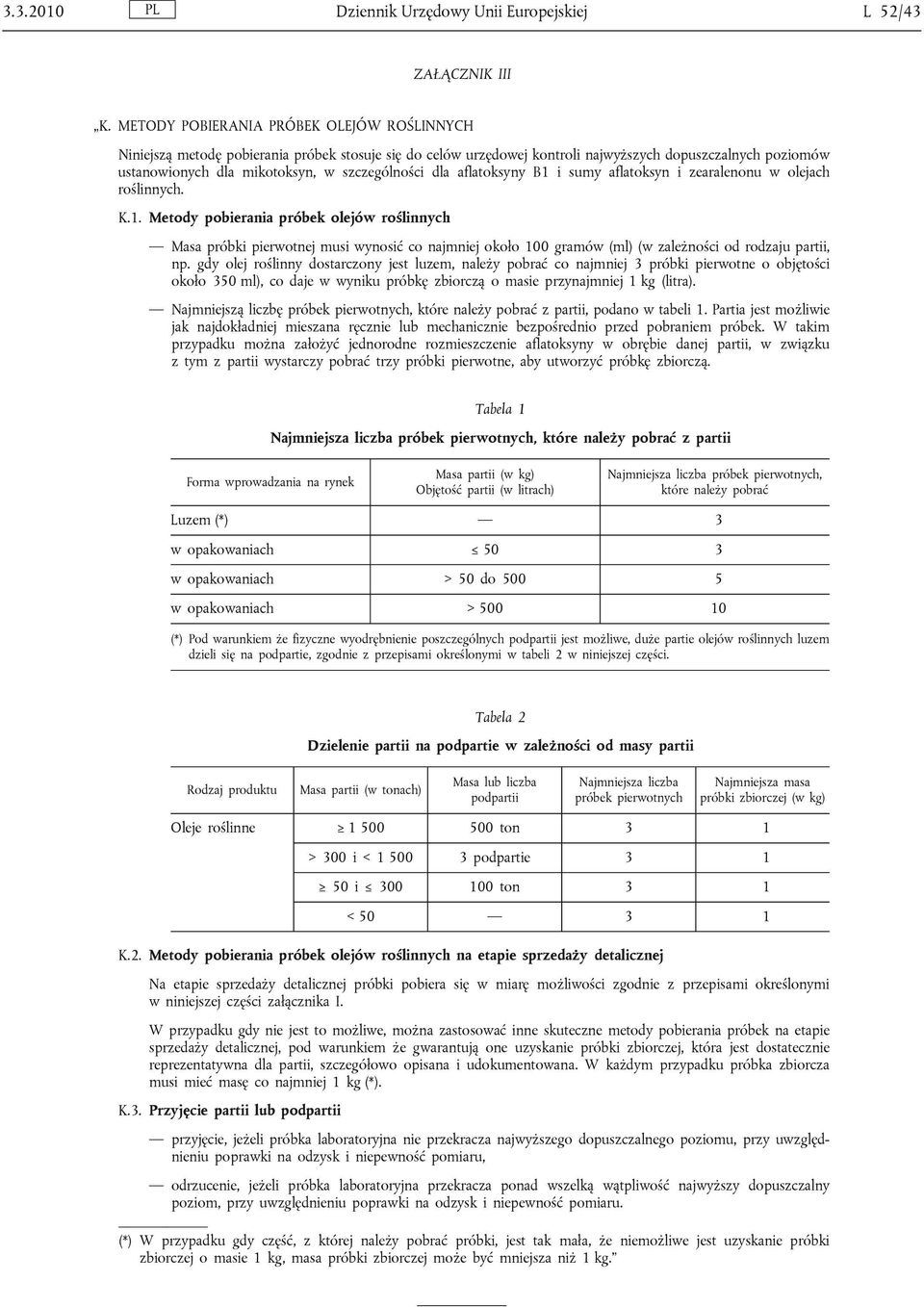 dla aflatoksyny B1 i sumy aflatoksyn i zearalenonu w olejach roślinnych. K.1. Metody pobierania próbek olejów roślinnych Masa próbki pierwotnej musi wynosić co najmniej około 100 gramów (ml) (w zależności od rodzaju partii, np.