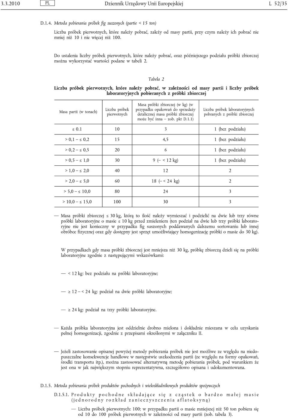 Do ustalenia liczby próbek pierwotnych, które należy pobrać, oraz późniejszego podziału próbki zbiorczej można wykorzystać wartości podane w tabeli 2.