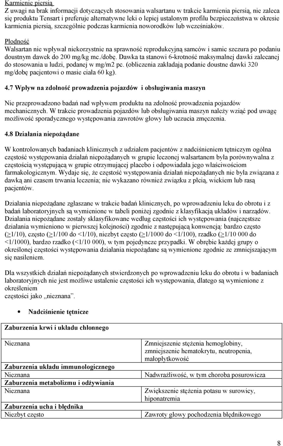 Płodność Walsartan nie wpływał niekorzystnie na sprawność reprodukcyjną samców i samic szczura po podaniu doustnym dawek do 200 mg/kg mc./dobę.