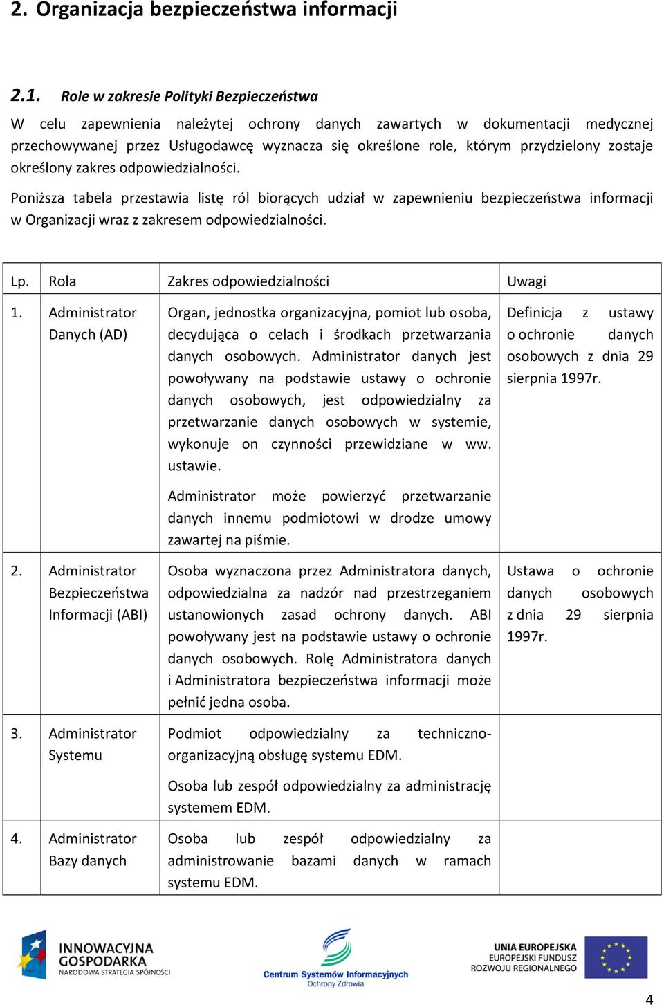 zakres odpowiedzialności. Poniższa tabela przestawia listę ról biorących udział w zapewnieniu bezpieczeństwa informacji w Organizacji wraz z zakresem odpowiedzialności. Lp.