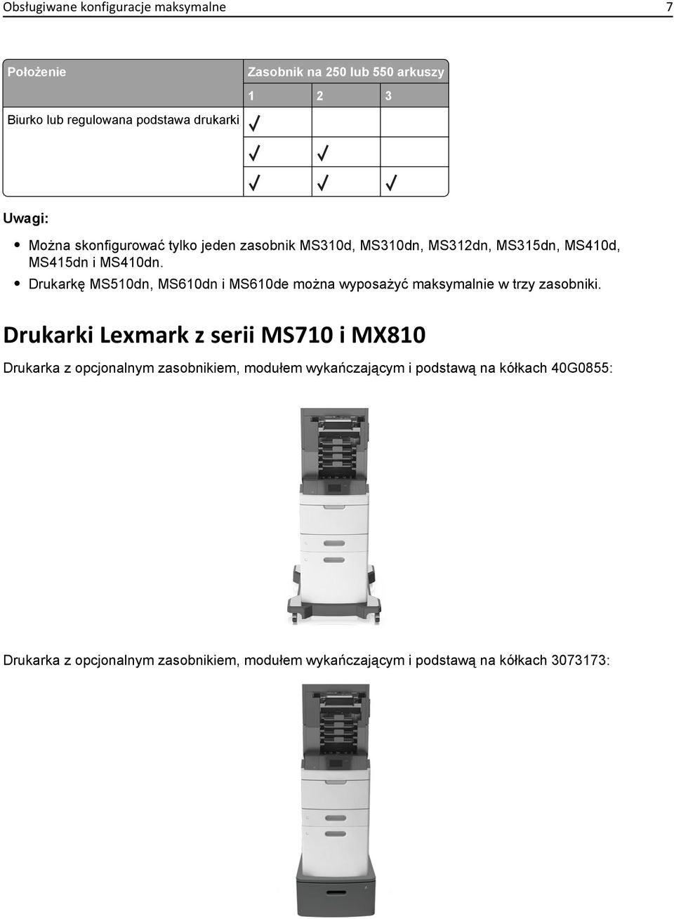 Drukarkę MS510dn, MS610dn i MS610de można wyposażyć maksymalnie w trzy zasobniki.