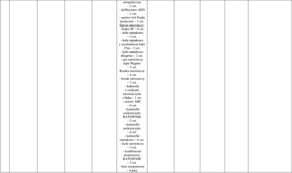 - bosak ratowniczy 3 szt. - kołowrót z szelkami ratowniczymi z linką 1 szt. - zestaw ABC 4 szt. - kamizelki asekuracyjne RATOWNIK 5 szt.